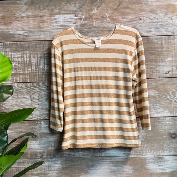 Fiore Tops - Fiore Gold and Cream Striped Long Sleeve Top